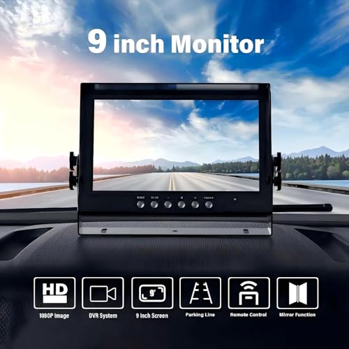EVERSECU Car Backup Cameras System with 9'' Quad Split Monitor for RV Trailer Semi Truck Camper Bus & 4 AHD 1080P Rear&Side View Cameras with DVR Record Function Night Vision IP69 Waterproof