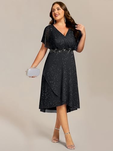 Image of Ever-Pretty Plus Women's V Neck Short Sleeves Pleated Applique High Low Glitter Midi Plus Size Wedding Guest Dresses