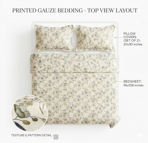 Image of VAS COLLECTIONS King Size Bedsheet Set Cloud Cotton 270x240 cm | Soft Breathable Flat Bed Sheet with 2 Pillow Covers |Floral Printed Bedsheet for King Bed | Durable Bedding Set, Sage Green