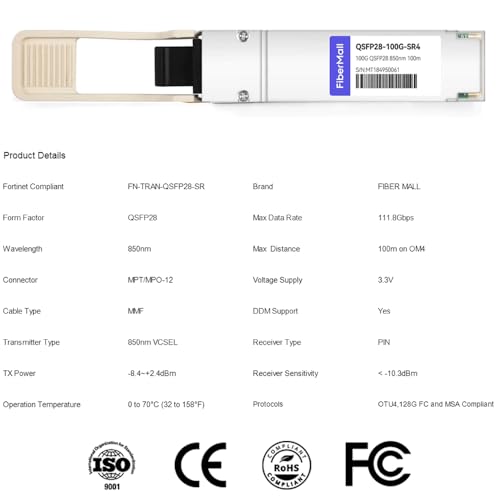 Image of 100G QSFP28 SR4 for Fortinet FN-TRAN-QSFP28-SR 100GBASE-SR4 QSFP28 850nm 100m DOM MTP /MPO DOM Optical Transceiver Module