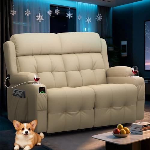 Image of Loveseat Recliner Sofa, Home Theater Seating with Massage, Reclining Loveseats with Console, Wall Hugger RV Couch Movie Theater Chairs, RV Furniture Sofas with USB, Cup Holders, Drawer for Gaming Room