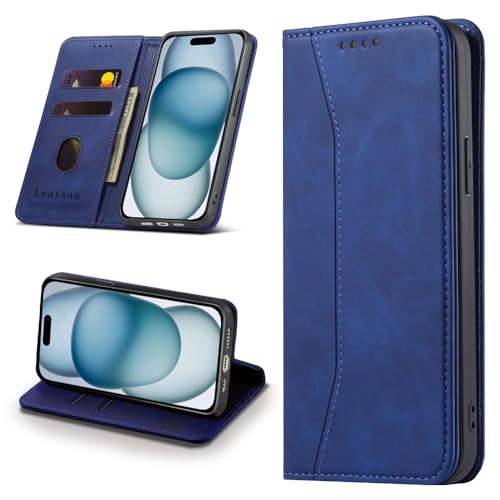 Leaisan Hoesje voor iPhone 15, [Premium PU-leerhoes] [klapdeksel] [kaarthouder] magnetische leer portefeuille Hoes Flip Case Telefoonhoesje voor iPhone 15 - blauw