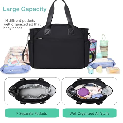 LORADI Diaper Bag Tote, 12 Pockets, Insulated & Waterproof Pockets Fit for 15.6 inches Laptop, Black