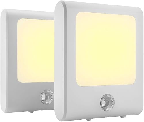 MAZ-TEK Luces con sensor de movimiento enchufables con brillo ajustable, luz nocturna LED blanca cálida activada por movimiento para pasillo,