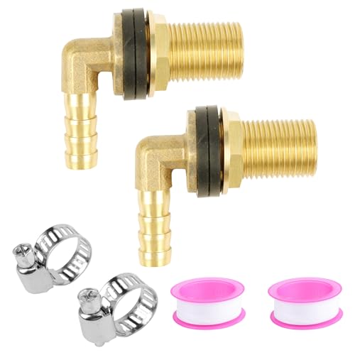 FENGJIAHUI 2 Piezas Conector de Tanque de Agua de Latón, 1/2 Pulgadas AG 3/8 Pulgadas IG, Paso para Barril de Lluvia con Boquilla de Manguera, Abrazaderas de Manguera, Cinta de teflón