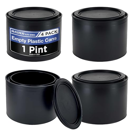 Master Elite 1 Pint Empty Plastic Paint Can Bucket, Pack of 4 - Triple Lock Airtight Lid Seal, 16 fl. oz. All-Plastic Coating Storage Container Can - Pail Handle, Dent & Rust Proof, Odor Resistant