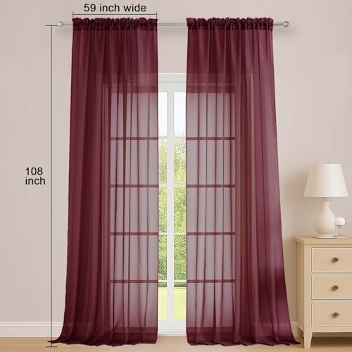 Image of OWENIE Sheer Curtains 2 Panels Set for Bedroom Living Room, Soft Solid Rod Pocket Light Filtering Window Treatment, 2Pcs Each 59 inch W x 108 inch L, Burgundy Wine