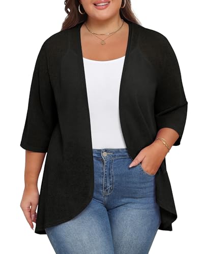 TIANZHU Women's Summer Plus Size Cardigan 3/4 Sleeve Blazer Knit Lightweight Cover Up XL-4XL2