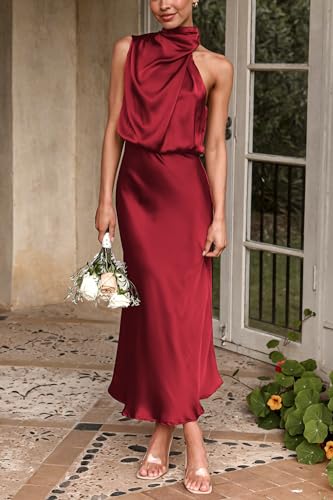 Image of PRETTYGARDEN Women's 2026 Summer Satin Dress Elegant Sleeveless Mock Neck Cocktail Party Maxi Dresses