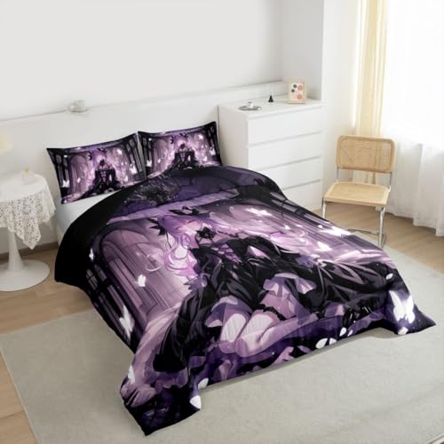 Image of Erosebridal 3D Girly Kids Comforter Set | Japanese Girl Bedding Queen Size Anime Gifts Down Comforter Purple Dreamy Butterfly Print Duvet Set for Bedroom