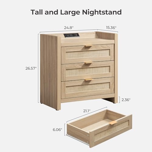 Image of SICOTAS Rattan Nightstands Set of 2 Bedside Table - Larger Night Stand with Type-C Charging Station, 3 Drawers Storage, Boho Night Stands End Table for Bedroom Office - Light Oak
