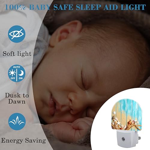 Image of Night Light Plug into Wall Shells and Blue Wooden Planks Night Light with Dusk to Dawn Sensor Night Light for Kid Girls Boys Women Men Room Decor, Hallway, Kitchen, Bathroom, Nursery, Stairs