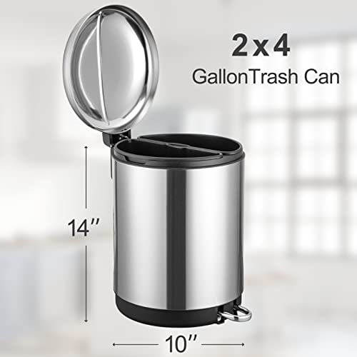 Image of GlowSol Dual Trash Can, 8 Gallon 30 Liter Kitchen Stainless Steel Double Trash Can and Recycling with Removable Inner Buckets and Foot Pedal, Dual Compartment Trash Can