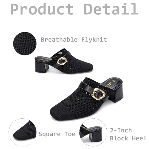 Heeled Mules for Women Comfortable Knit Square Closed Toe Slip On Chunky Heels Slide Sandals Ladies Shoes2