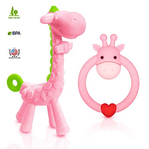 SHARE&CARE 2 Silicone Giraffe Baby Teether Toy with Storage Case, for 3 Months Above Infant Sore Gums Pain Relief and Baby Shower, Set of 2 Different Teething Toys (Pink)