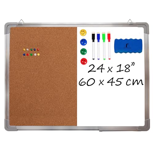 Combination Whiteboard Bulletin Board Set - 24 x 18 in Dry Erase/Cork Board with 1 Magnetic Dry Eraser, 4 Markers, 4 Magnets and 10 Thumb Tacks - Combo Tack Board White Board for Home Office Desk