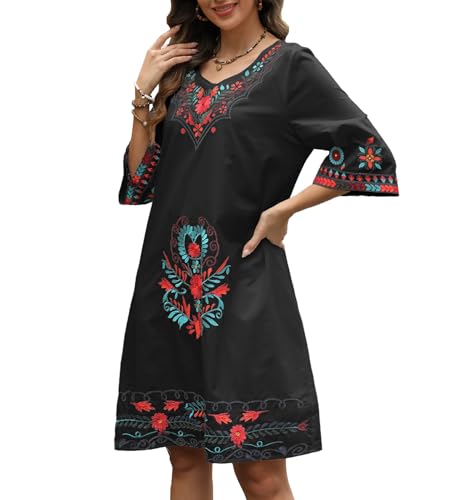 Image of Higustar Mexican Embroidered Dress Summer Cotton Bohemian Flower Peasant Traditional Mexico Fiesta Boho Dresses for Women