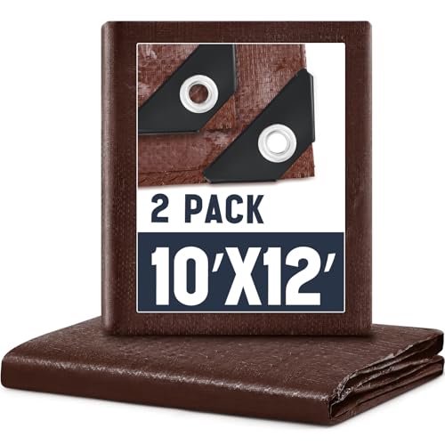 Image of 2 Pack 10 x 12 ft Brown Tarps Heavy Duty 5.5 Mil Waterproof Durable, Water Resistant, Rip & Tear Proof, Reinforced Edges, Multipurpose Firewood, Farm, Camping, Roof, Boat & Emergency Shelter