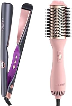 LANDOT 2-in-1 Hair Straightener Curling Iron, Voltage Adjustable 250-450F for All Hair Types, Twist Floating Plates Anti-Frizz & Tangle-Free, Dual Hot Air Brush for Fast Drying Smoothing Volumizing,