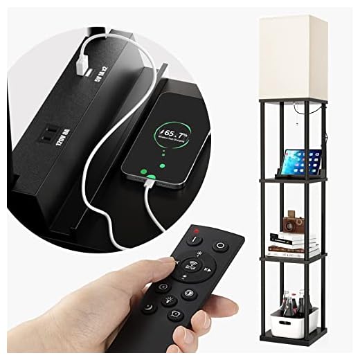 addlon Shelf Floor lamp with Remote, with 2 USB Charging Ports and 1 Power Outlet, Floor lamp with Shelves for Living Room, Bedroom and Office - Black