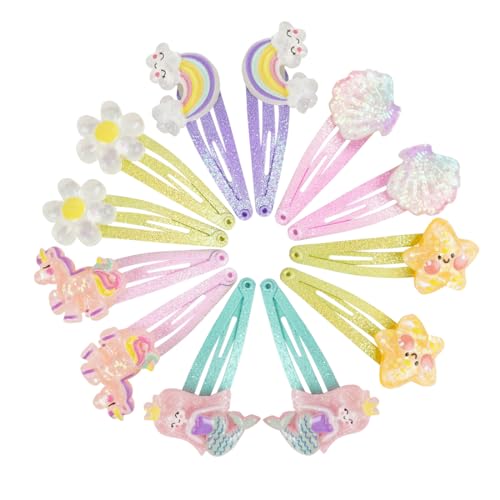 12 Stück Haarspangen Mädchen, Meerjungfrau Schmetterling Haarschmuck, Haarreifen Mädchen Glitzer, Niedliche Haarspangen für Mädchen Geburtstag, Regenbogen Blumen Haar Accessoire für Kinder