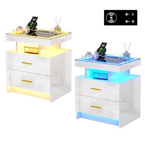 Image of HNEBC Auto LED Nightstand Set of 2, White Night Stand with Charging Station & USB Ports, High Gloss Bedside Table has 2 Drawers,Modern End Side Table for Bedroom (White)