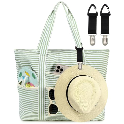 LEDAOU Beach Bags for Women with Sun Hats, Beach Bags Waterproof Sandproof, Packable Beach Tote Bag with Zipper Travel Sports (Green and white stripes)