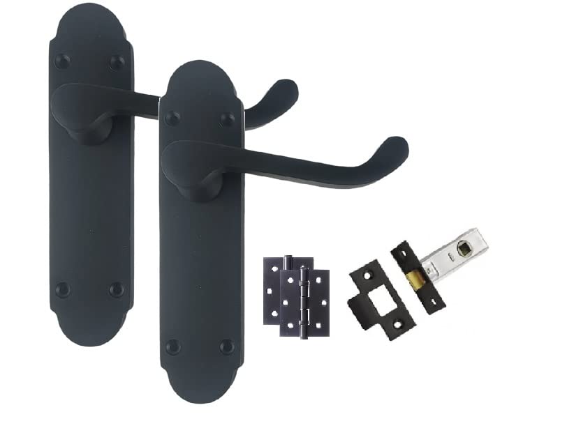 Golden Grace Victorian Scroll Design Door Handles Lever on Shaped Backplate in Matt Black - Latch Door Pack with Ball Bearing Hinges, 1 Set