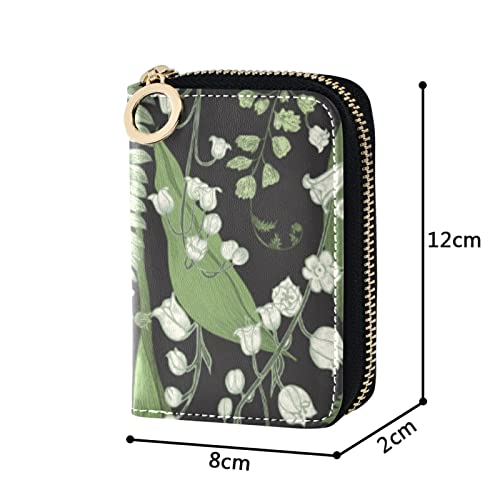 Green White Color Lily of the Valley with Ferns Leaves on Black Grey Credit Card Coin wallet, RFID Blocking Compact Women Leather Card Holder, Key Change Organizer, Zipper Purse Clutch Pouch4