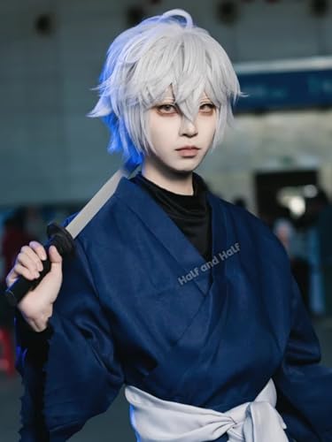 Image of Half and Half Short White Wig for Men Silver White Male Anime Cosplay Wig Light Gray Spiky Layered Wigs with Bangs for Unisex Women Halloween Party Daily Costumes