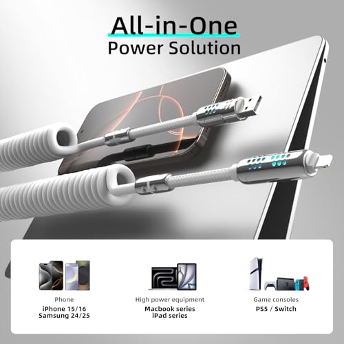 Image of MFish 4 in 1 USB C Charging Cable, 6.6FT Coiled Fast Charging Cable 240W, USB A /C to USB C and Lightning Cable for iPhone 17 /16 /15, iPad, MacBook Pro /Air, Laptop, Android, Car Travel Cord
