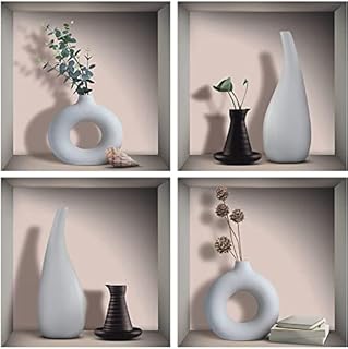 TOARTI 3D Watercolor Vase Wall Sticker, White&Black Vases Decal for Living Room Dining Room Bedroom Decor, Creative DIY Botanical Wall Art Mural Decoration, Set of 4 (12x12)