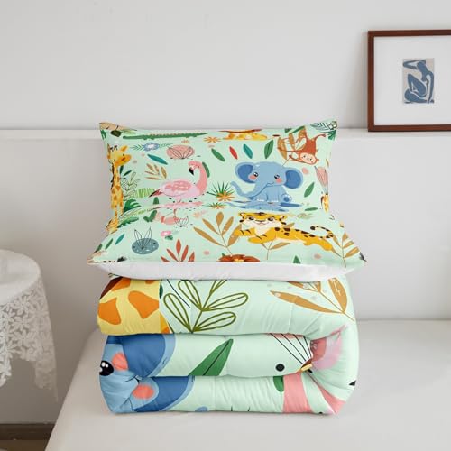 Image of Feelyou Nursery Cute Wild Animals Kids Bedding Set Twin Size for Girls Boys Child Cartoon Lion Giraffe Elephant Comforter Decor Nature Wildlife Comforter Set Zoo Animal Theme Duvet Quilt Set