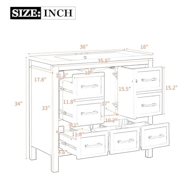 Bathroom Vanity Set, 36 Bathroom Vanity with Resin Sink Combo, Solid Wood Frame Bathroom Storage Cabinet with 5 Drawers & Soft Closing Doors, MDF Boards, Gold Metal Knobs