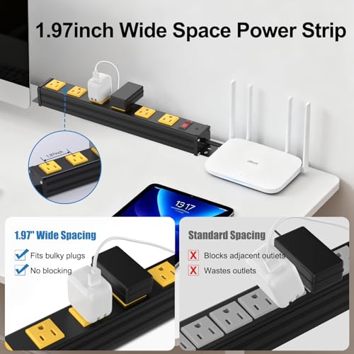 Image of 6 Outlet Wall Mount Metal Power Strip, 1.97 Inch Wide Spacing Flat Plug, 6FT 14AWG Extension Cord with Switch, 15A 1875W ETL Listed for Garage, Workshop, Home