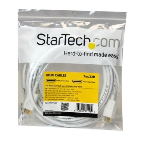 StarTech.com 7m 23 Ft Blanc CL3 Haute vitesse dans le mur HDMI câble - Ultra HD 4k x 2k HDMI câble - HDMI à HDMI M/M - Audio/Vidéo, Gold-Plated (HD3MM7MW) | CL3 Évalué, UHD Haute vitesse HDMI Câble avec Ethernet, 10.2Gbps, HDMI 1.4 Câble d'affichage/vidéo 30AWG