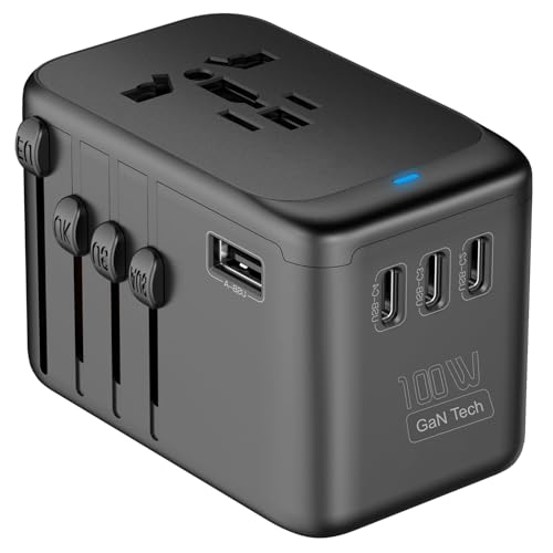 JMFONE Universal Travel Adapter with GaN 100W,International Power Plug Adapter 5 Port [4*USB C+1*USB A] and Multi AC Sockets, All-in-one Travel Outlet Plugs for 200+ Countries 100W -Black+Wh