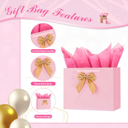 Image of Powbrace 13 inch Bright Pink Bags with Handles, Birthday Gift Bag Set - 1 Gift Bag with Bow, 2 Tissues & Greeting Card for Men Women,Gift Bags Medium size(1 PCS Bright Pink Glossy)