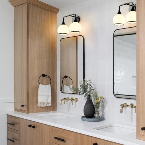 Image of Black Bathroom Light Fixtures 2 Lights Vanity Lights with Milky White Frosted Glass Shade Bathroom Vanity Light 14 inch Wall Sconce Lighting Bath(Exclude E26 Bulb)