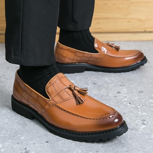 Men's Plaid Pattern Leather Slip On Tassel Loafers, Casual Formal Business Work Penny Loafers, for Dating Business Party4
