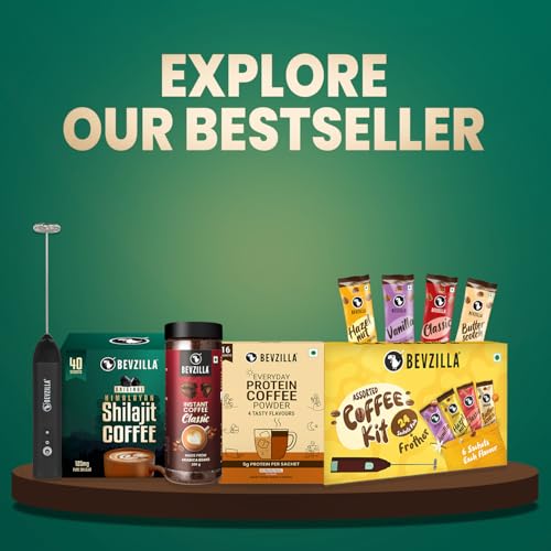 Image of Bevzilla Original Himalayan Shilajit Coffee (40 Sachets) + Rechargeable Milk Frother | 40 Sachets x 2.5g Pure Shilajit | Instant Coffee Combo | Electric Frother