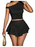WDIRARA Women's One Shoulder Asymmetrical Tank Top and Layered Ruffle A Line Mini Skirt Sets 2 Piece Outfits Black Large