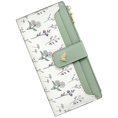 Womens Wallet Leather Long Bifold Zipper Slim Flower Wallet for Women Coin Clutch Purse with ID Window