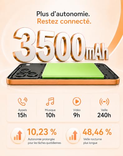 invens Note 15P Téléphone Portable 4G Débloqué, Smartphone Android 16 Go, 9 Go (3+6)+32 Go/256 Go TF, Caméra 16+5 MP, Écran 6,6" HD+, Batterie 3500 mAh, Double SIM, GPS, OTG, USB-C, Face ID, Orange – vue 9