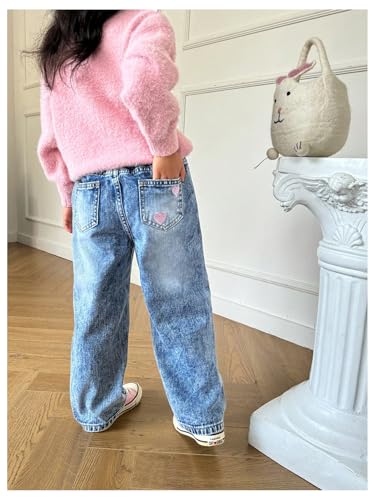 WDIRARA Girls' Heart Print Baggy Jeans High Rise Elastic Waisted Loose Denim Long Pants2