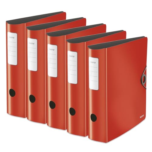 Leitz Qualitäts-Ordner 180° Active Solid, A4, 5er Pack, Breit, Abgerundeter Rücken, 8,2 cm breit, Gummibandverschluss, Leichtes Polyfoam, Plastik-Ordner, WOW Serie, Rot, 10471020