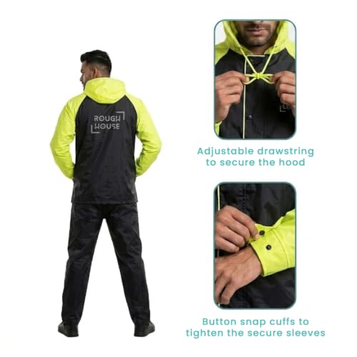 Image of Roughhouse Raincoat for Men & Women Heavy Duty Waterproof Rain Suit with Jacket & Pant for Bike Riding | Hooded High-Visibility Unisex Raincoat | Foldable Monsoon Rain Coat - Charcoal & Neon, Size XXL