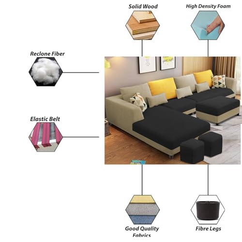 Image of Casaliving Minta 8 Seater L Shape Sofa Set with Ottoman & 2 Puffy for Living Room (8 Seater LHS, Cream Black)