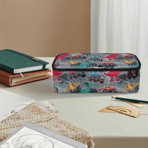 Image of Dinosaur Boys Pencil Pouch Truck Print Large Pencil Case for Kids 6-8 Years Portable Pen Bag with Double Zipper for Elementary Students
