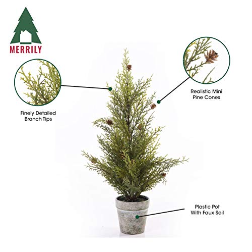 Merrily Mini Artificial Cedar Tabletop Christmas Tree With Mini Pine Cones And Plastic Pot - 18 Inches Tall #TOP1